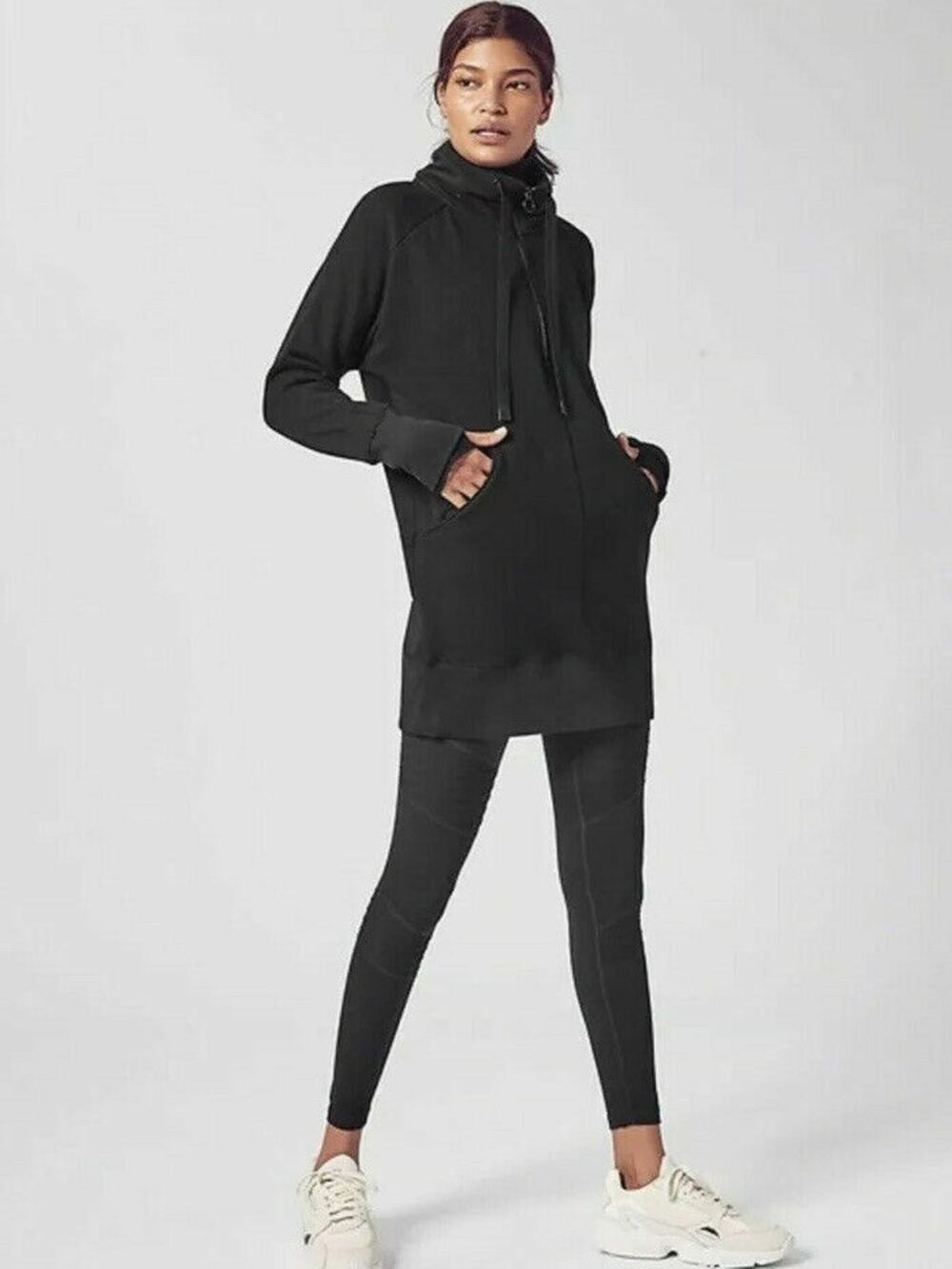 Athleta Cozy Karma 1/4 Sweatshirt Tunic Dress Black Size Small